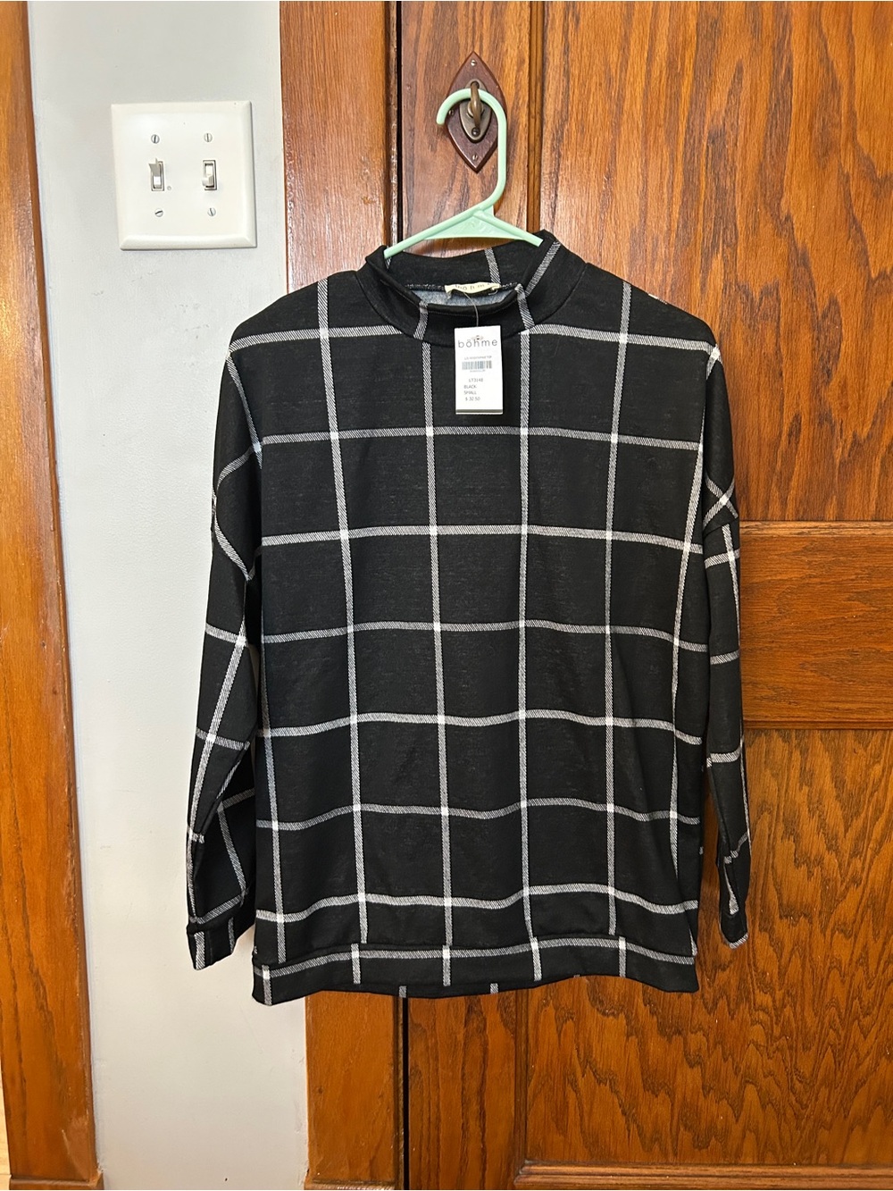 Boheme Black Windowpane Grid Mock Neck Top